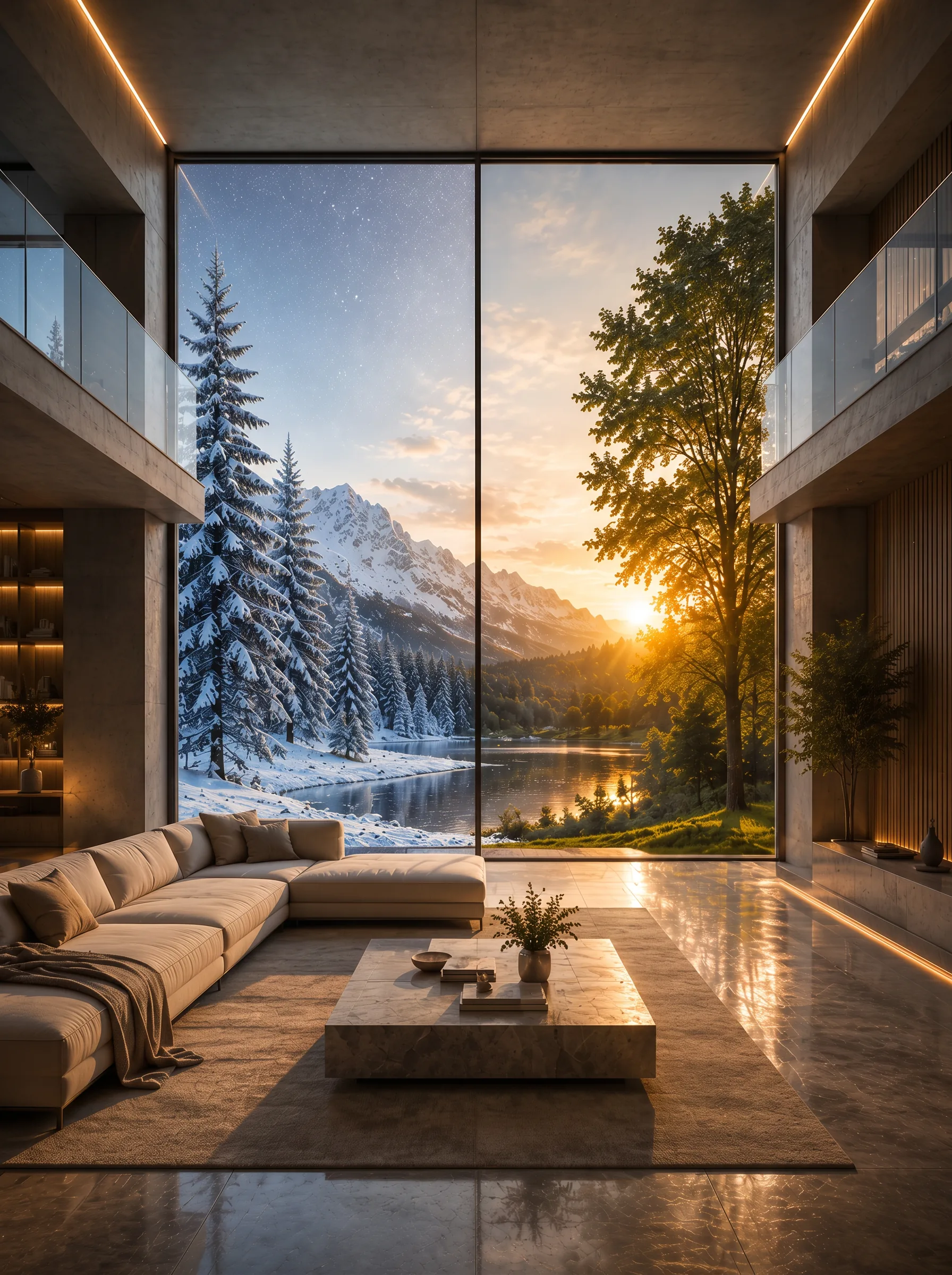Intérieur FLUXDAIR ouvert sur un paysage entre hiver et été