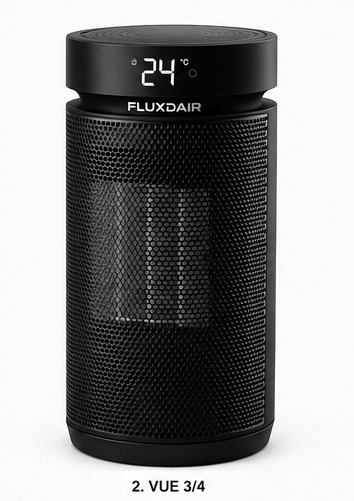 Chauffage compact FLUXDAIR de trois quarts avec sa télécommande